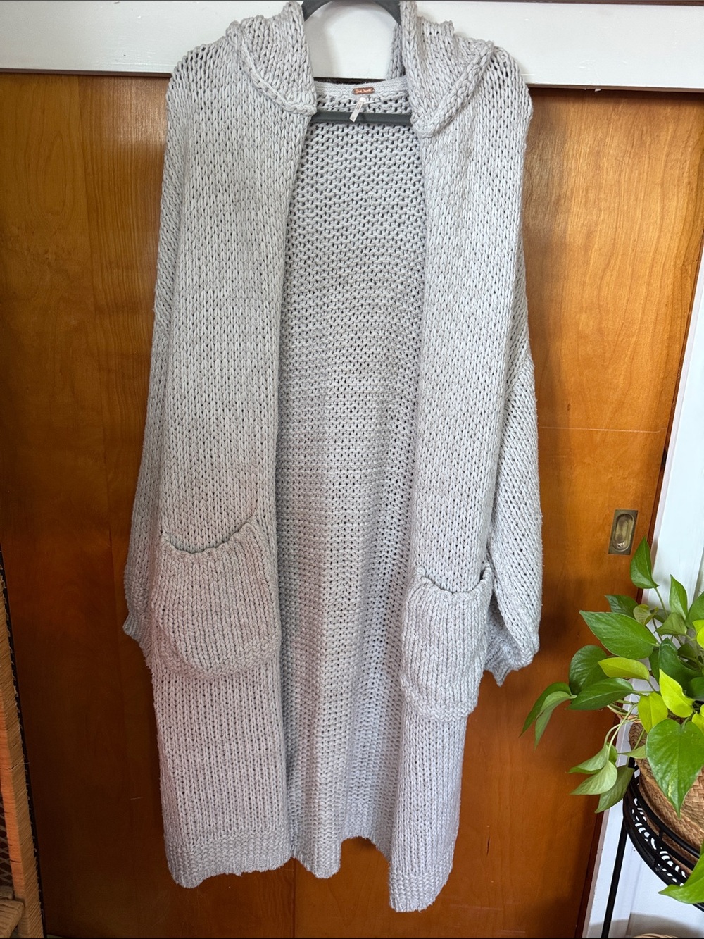 Free People Cozy Open-Front Hooded Cardigan Sweater - Light Gray